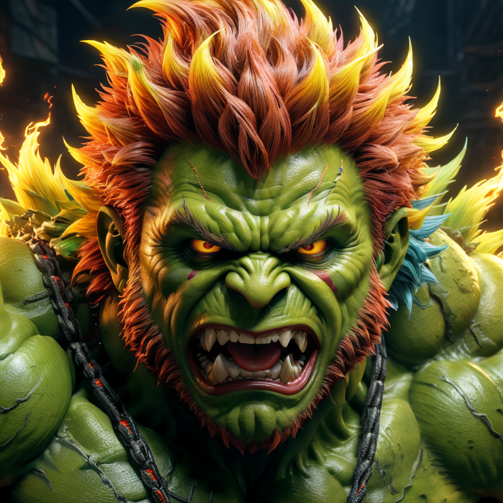 blanka from street fighter using his electric power. colorful, detailed, spiral, epic, fantastic, 8k, realistic, 3d render