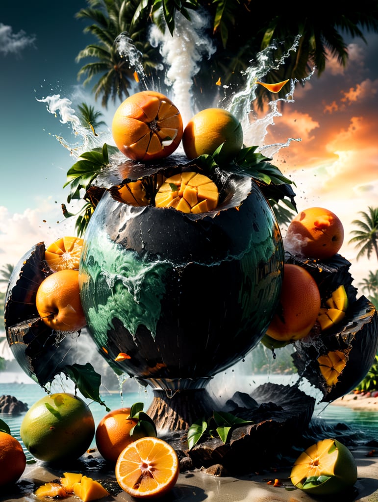 mango pieces floating, mixed orange liquid, orange and geen background, smoke, island look, palm trees, 4k photo-realistic