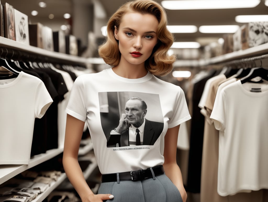 Extremely detailed photographic image, grained image, beautifully composed, monochrome image, 50's fashionable image, fashionable magazine photography, leica summicron 35mm f2.0, kodak 400tx, fashion photography, fashionable model, william s. burroughs, Woman wearing blank white T-Shirt in Clothing Store Mockup, mock up