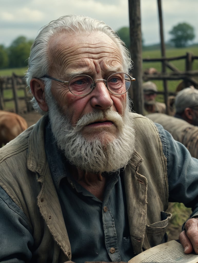 105 year old white blind man with beard in the farm reading glasses, with wrinkles, very sad and crying