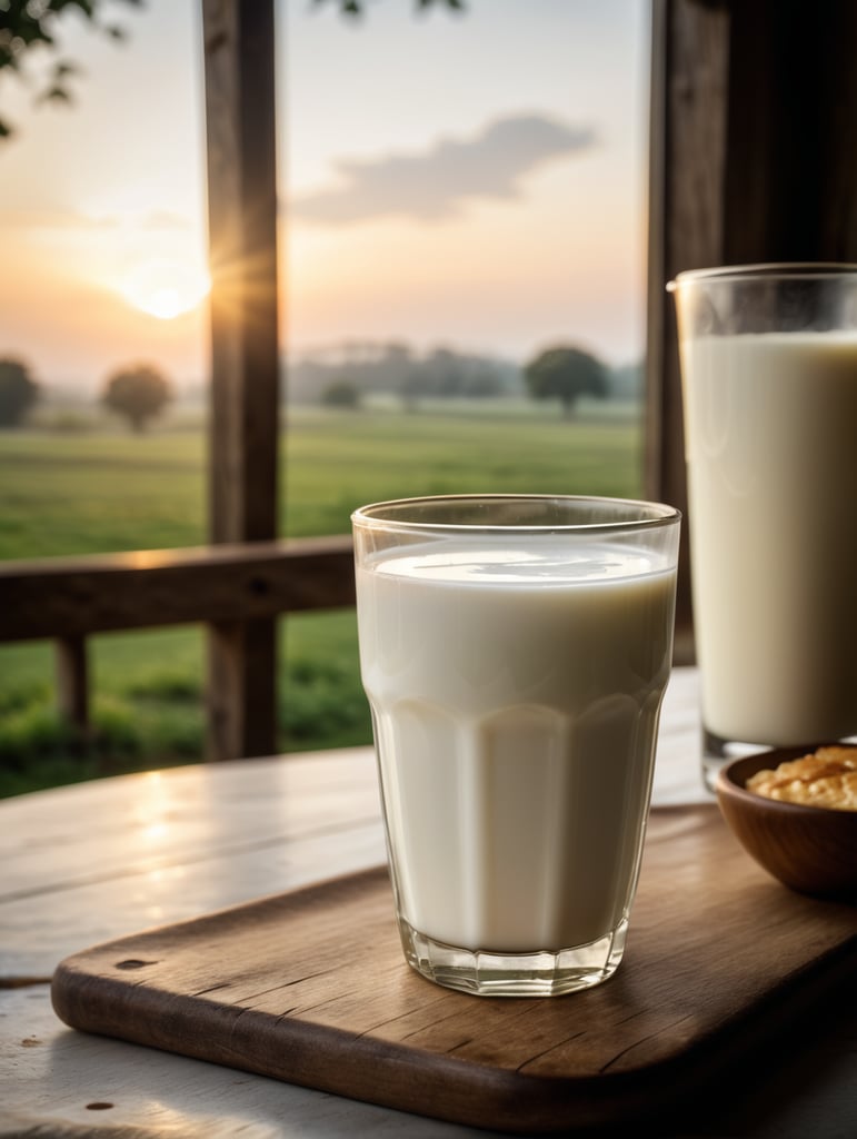 A mockup of a glass of milk, early morning, farm breakfast, blurred background