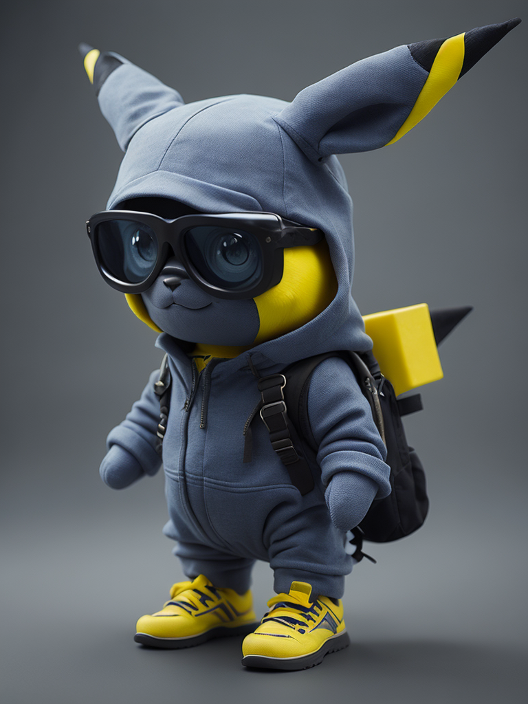 cute stylish Pikachu dressed in stylish futuristic sportswear clothes, big sneakers and a futuristic glasses