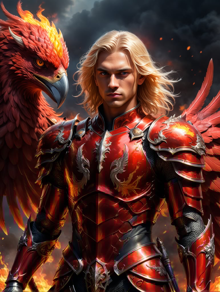 Young blonde knight in red armour with fiery phoenix pet