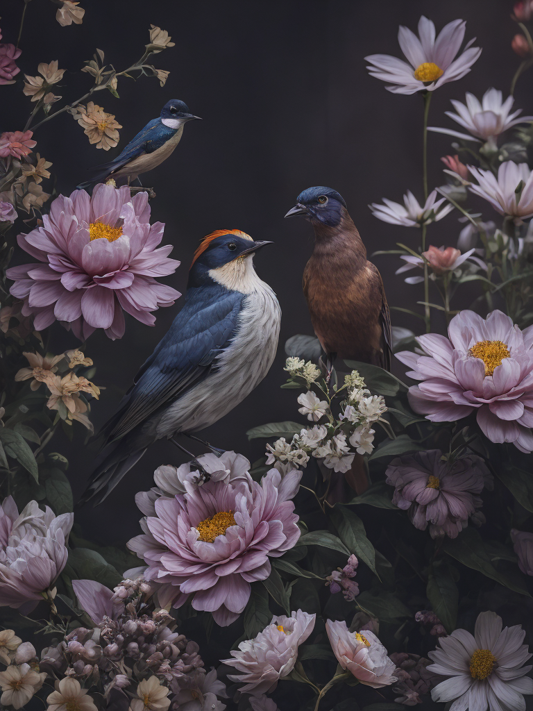 flowers and birds, deep color, sharp on details, vibrance 20, saturation 20