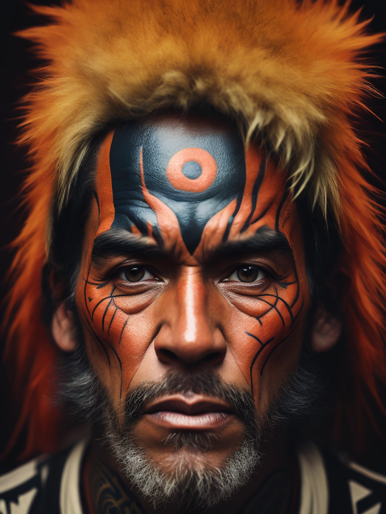 Portrait of New Zealand Native Man with angry face, face tattoos, Contrast color, studio photo, professional photo, Rich colors, Detailed image