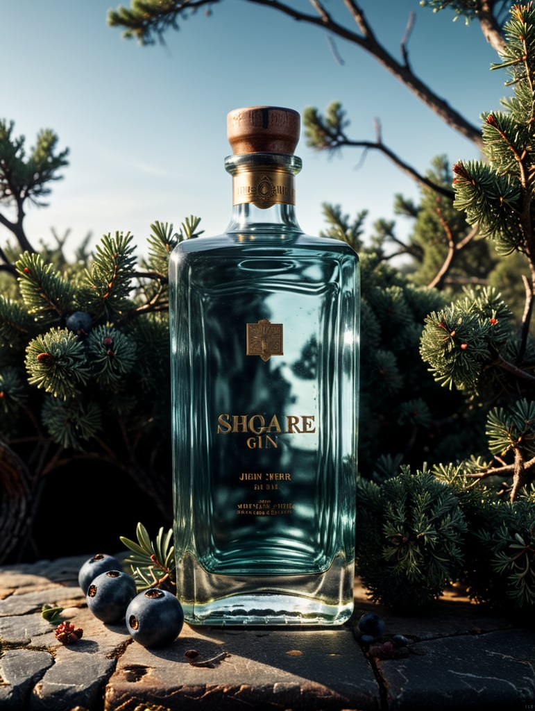 professional photography of a square gin bottle, square bottle, surrounding a juniper and juniper berries, one shot of gin in a front, no label, clear, mockup