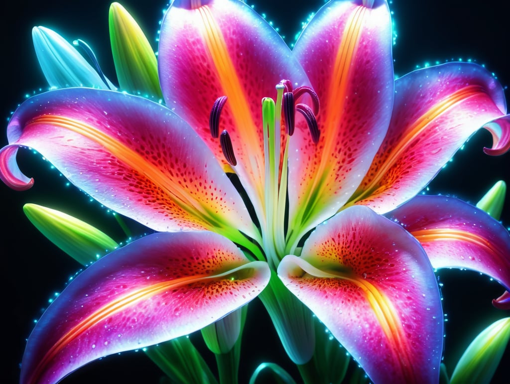 bioluminescent flower Lily, hyper detailed rendering, 4k, magic light, neon watercolours