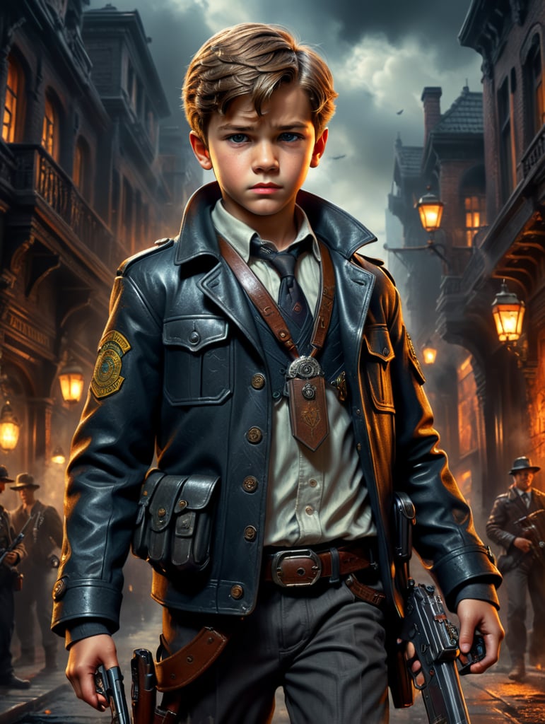 A boy in detective clothes and a gun in his hand