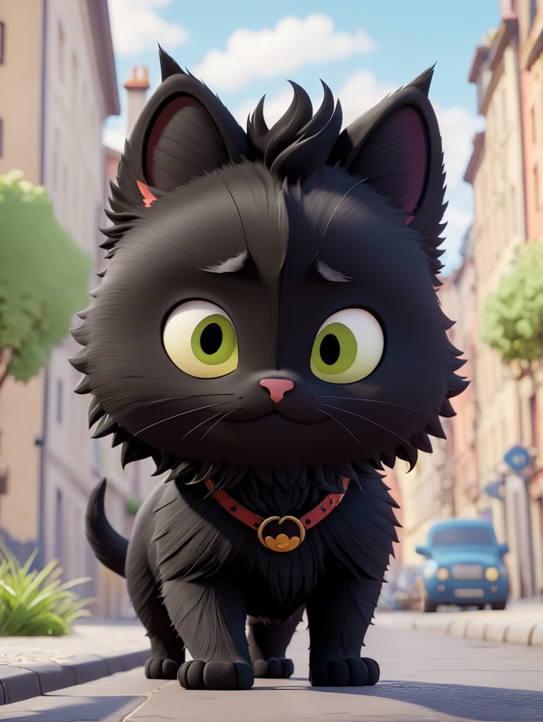 petit chat noir ébouriffé rock badass punk se promenant dans la ville rendu 3d style pixar