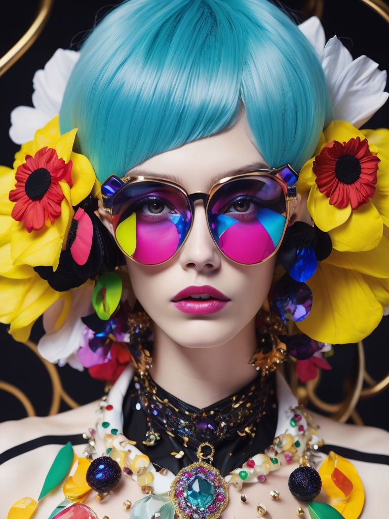 insane bizzare eyeglasses, crystals, bright, colorful rgb, dream world, Alexander McQueen Glazier demonic boy, monster face, vampire, horrific, arty pose, fashion, massive huge jewelry, precious gems, massive pearls, giant white diamonds, retrofuturistic, crystal, marble, glass, floral, massive big flowers, gem flowers, hyper neon glow, dark, moody, diaphanous layered ultra haute couture, high definition, high resolution, bold vibrant colors , volumetric lighting, 8k, 3d rende, style by dior, style by channel, by Jimmy Marble and Takashi Murakami