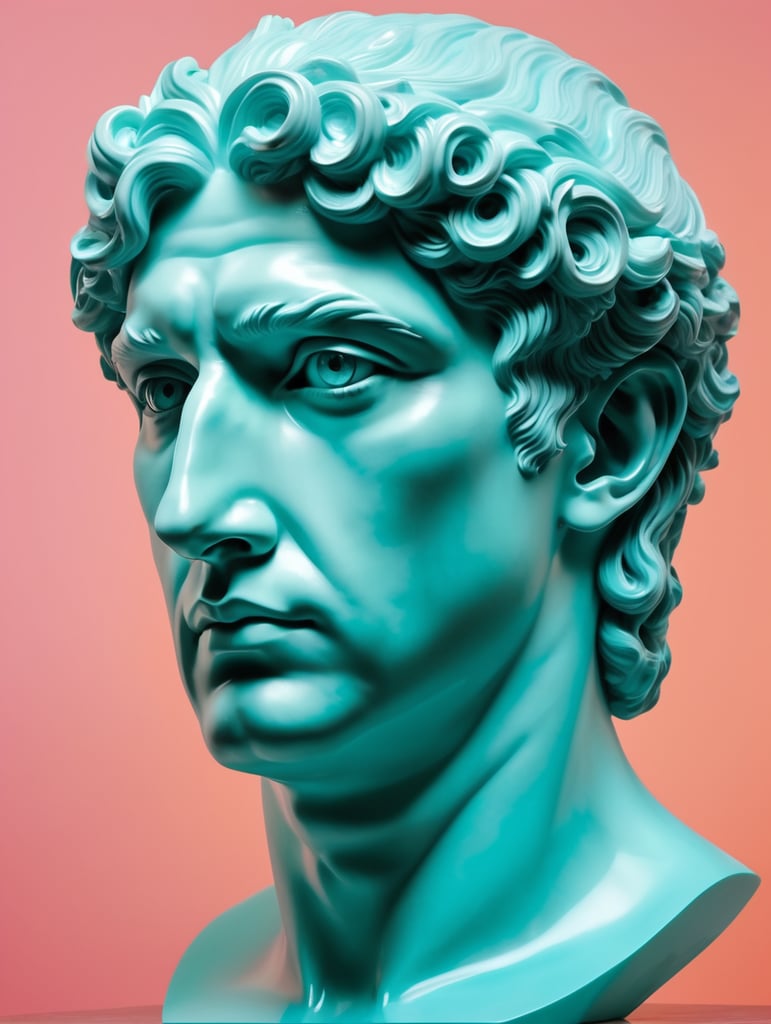 Human head on a pink colored background, in the style of dark cyan and light aquamarine, neoclassical sculptures, photo - realistic techniques, light cyan and orange, fluid photography, photo - realistic hyperbole, neoclassical figures, live eyes