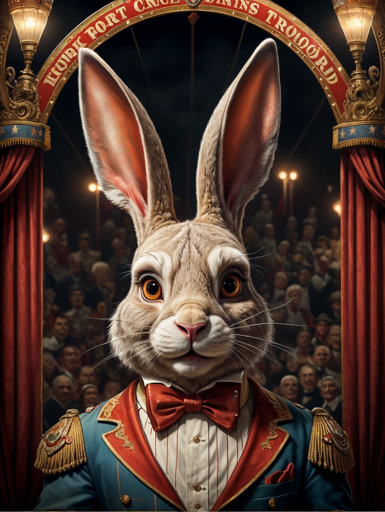 Vintage style circus poster of an anthropomorphic rabbit with the world’s longest ears