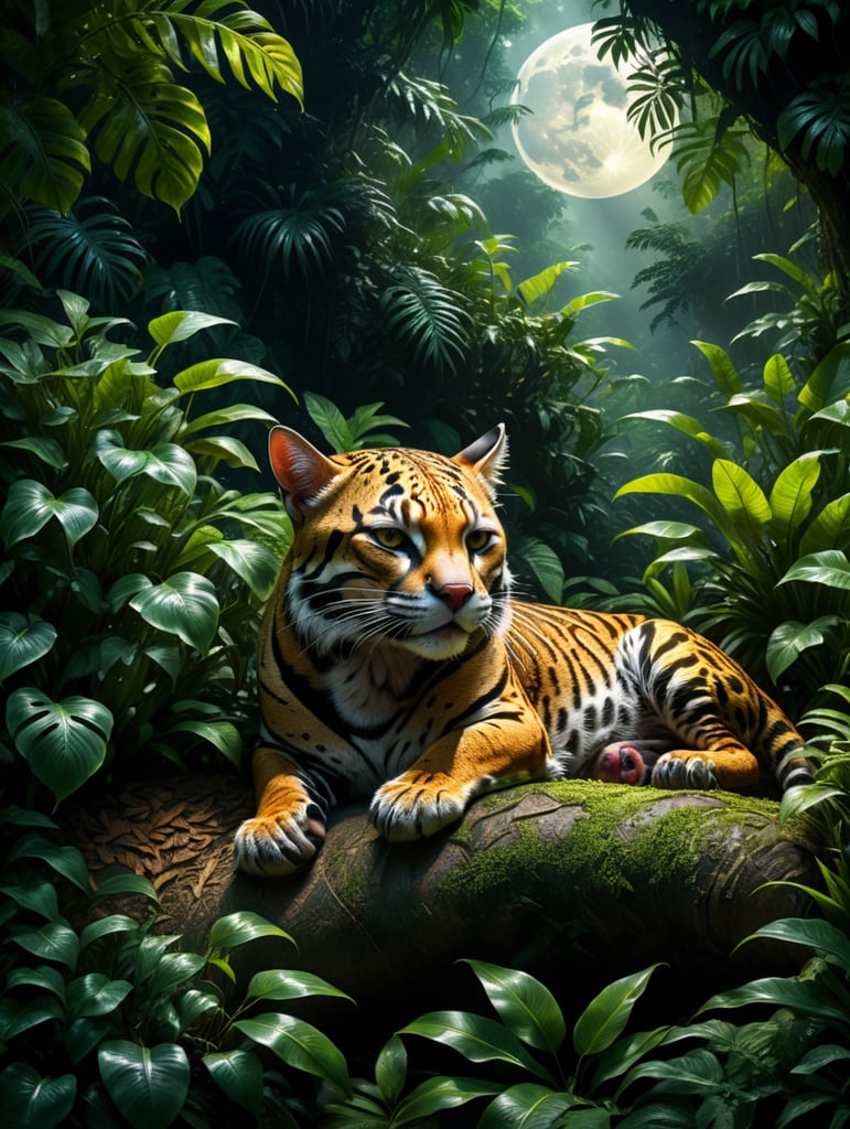 An ocelot sleeping under the bushes of the tropical rainforest, softly light comes from a full moon.