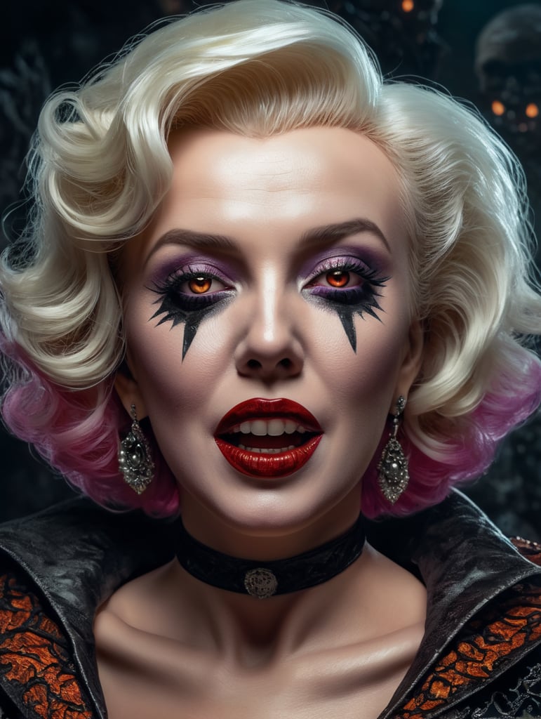Marilyn Monroe as an evil character wearing creeoy and spooky Halloween costume, Vivid saturated colors, Contrast color
