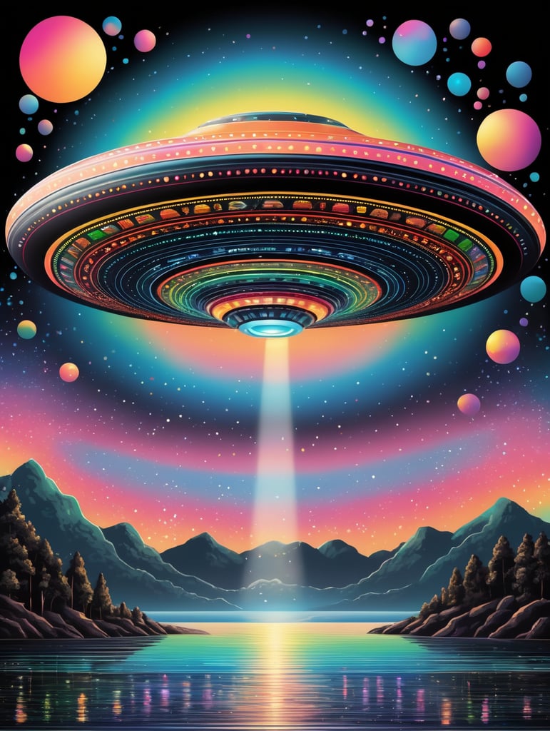 flying saucer over the sea close-up on a black background, multicolored, hologram, front view, design, in the style of naive art, pastel colors, vector graphics, bokeh, digital painting, soft lighting, black background