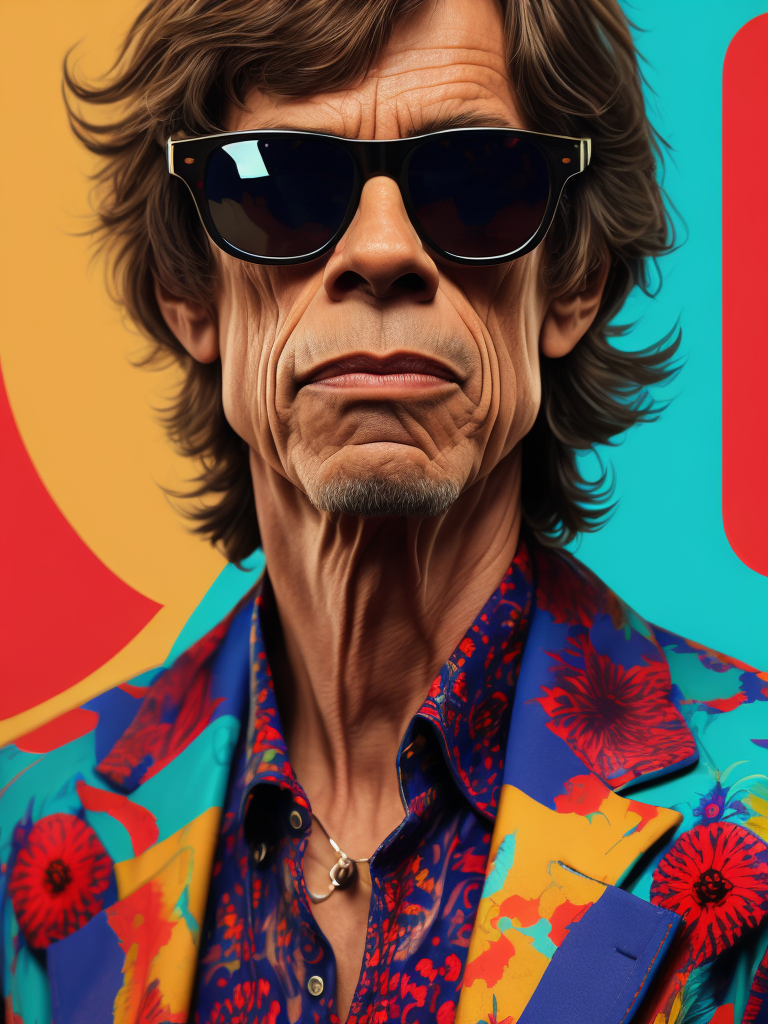 Mick Jagger wearing a brightly patterned jacket and wayfarer glasses, Vivid saturated colors, Contrast color