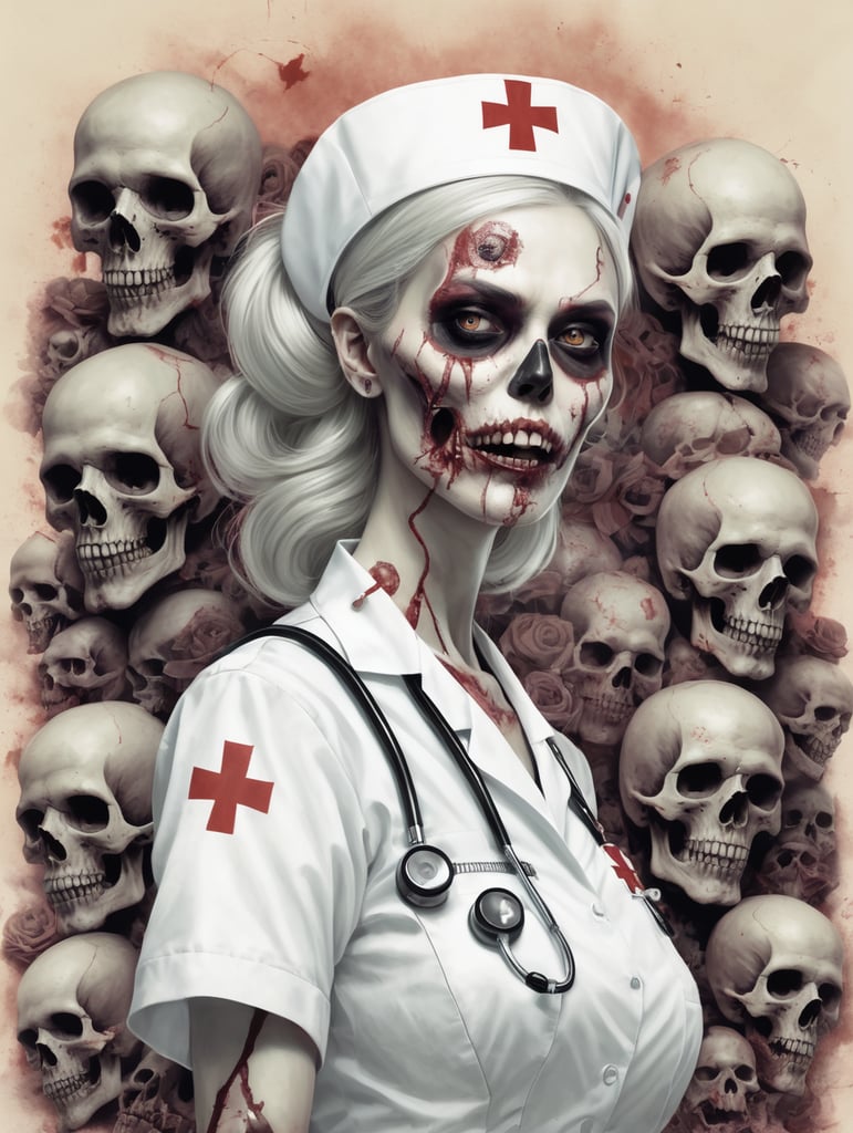 Zombie, nurse, skull background, drawin?
