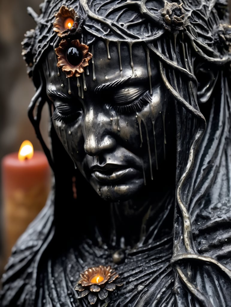 a photo of the statue of the personification of grief covered with candles and hot wax, covering the face with its hands, black tears dripping from the cheeks, the whole statue is covered in dense cobwebs and grease, higly detailed, black isolatet cave, tarnished, grunge, glowing cracks