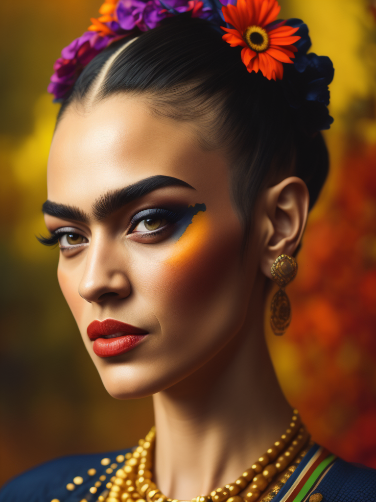 Portrait of Frida Kahlo, bright and saturated colors, elegant, highly detailed, vogue, fashion magazine, sharp focus, bright expressive makeup, dramatic lighting, depth of field, incredibly high detailed, blurred background