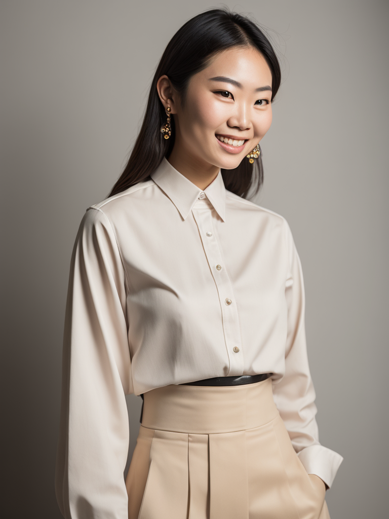 A asian girl fullbody with beutifull smile, 29 year old girl with shirtwaist color beige, at a co-working