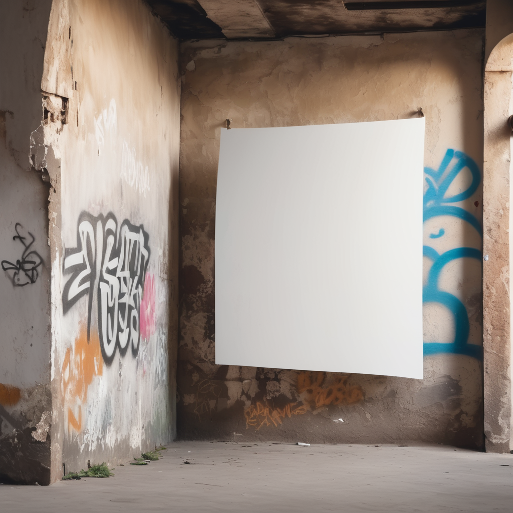 a white blank poster hangs on an old shabby wall with graffiti, the corner of the poster is bent, people are blurred, daylight, mockup, mock up