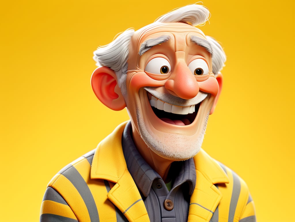 Smiling and cheerful old man in a striped jacket on an isolated yellow background