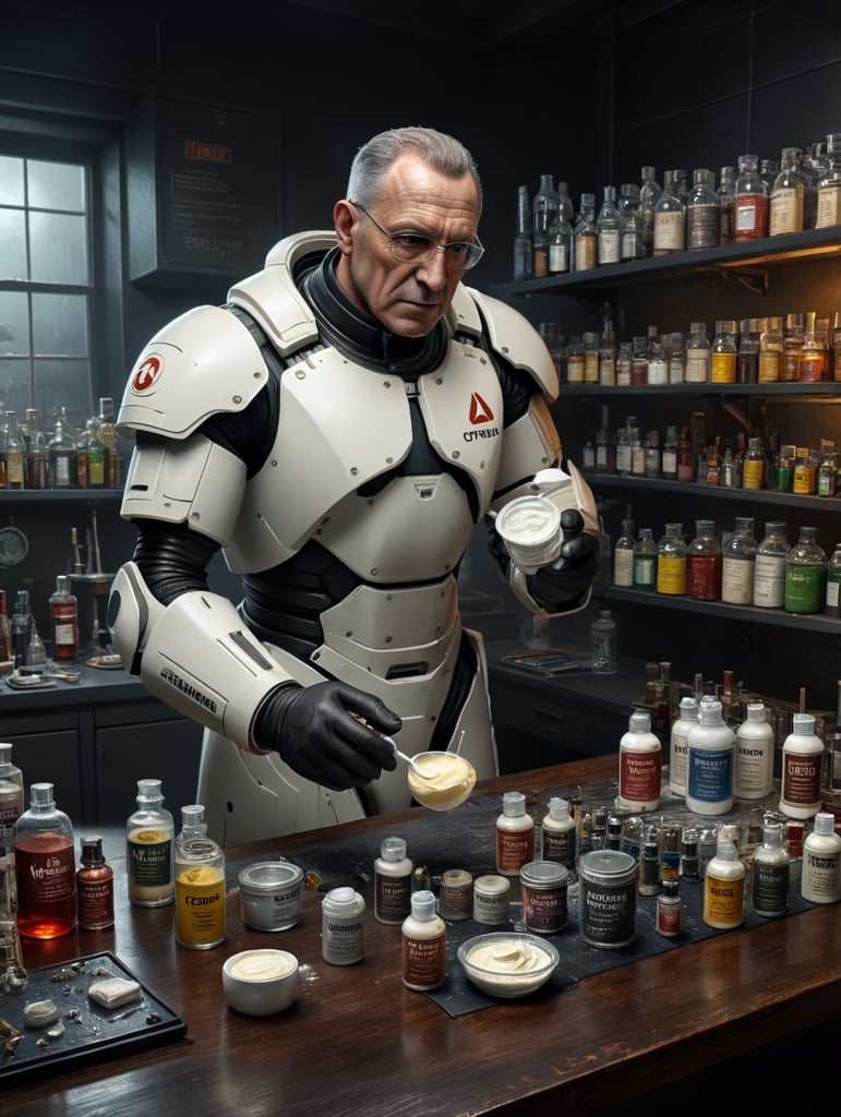 Frank Shields in a lab with some saving cream on the table