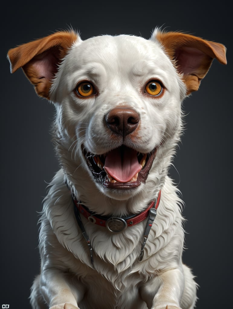 una version diferente de perro en estilo realista con un toque de 3d. amistoso en fonfo blanco y diferente especie, cute dog