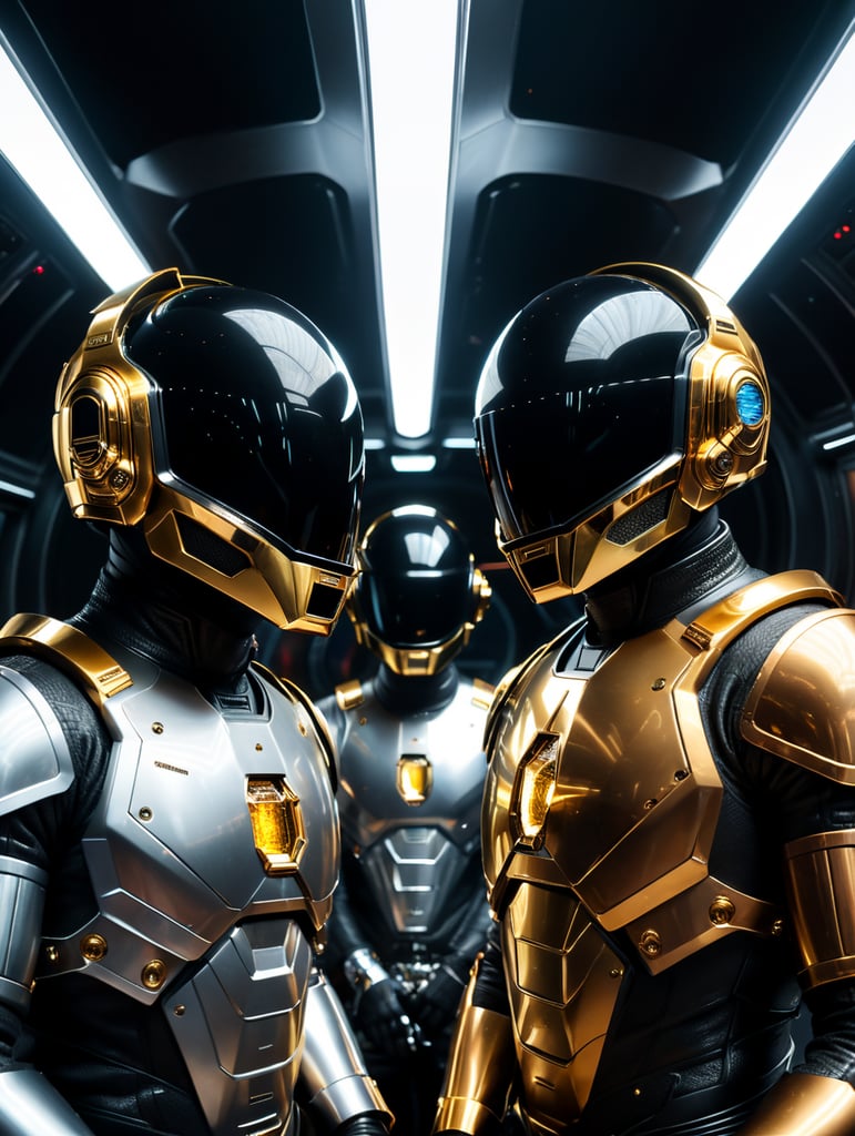 close up of daft punk plays in a spaceship, interior design, cinematography, photography, volumetric, symmetrical, ultra wide angle, depth of field, highly detailed, ultra realistic, 16k,