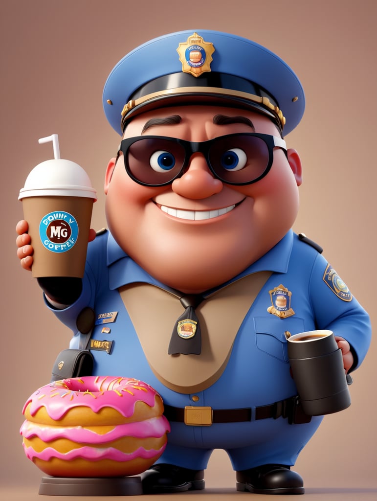 very fat cop with donut and cup of coffee, happy, sunglasses, image, portrait