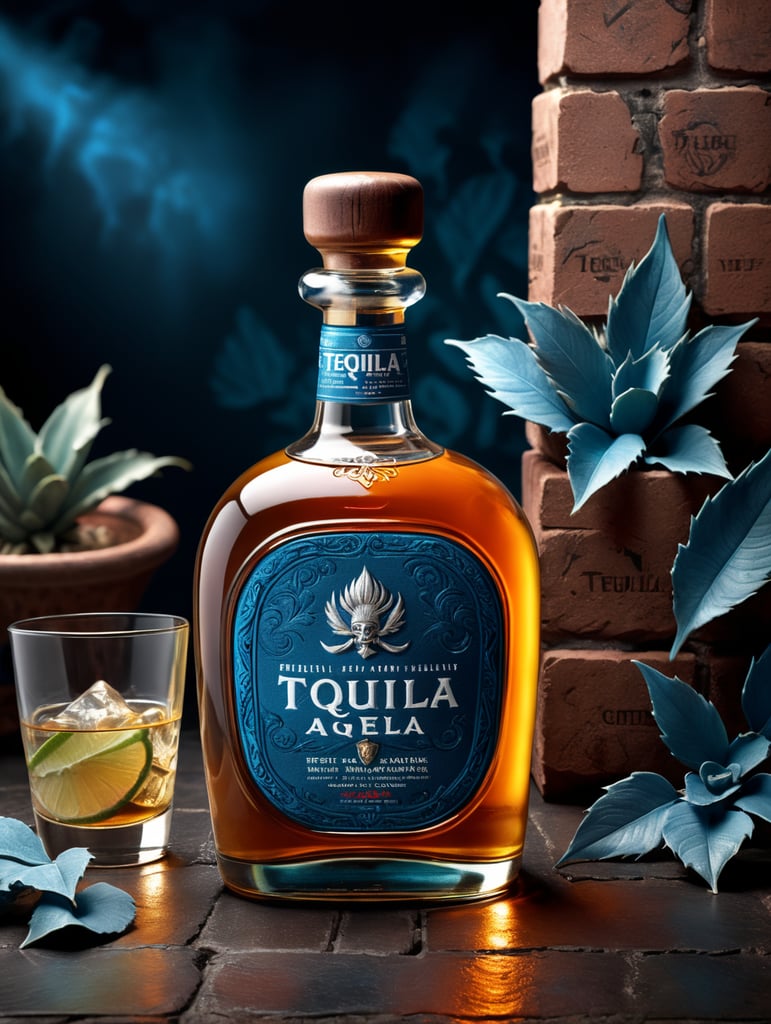 Packaging and branding for a tequila brand as if it had been designed by HI ESTUDIO with In a set design with bricks, Blue agave and dry leaves.