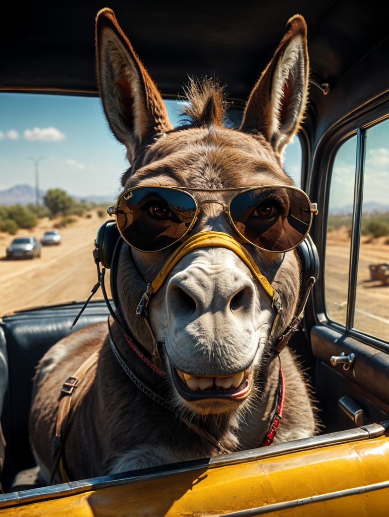 Donkey taxi driver, donkey sitting behind the wheel of a taxi, close-up shot, sunglasses