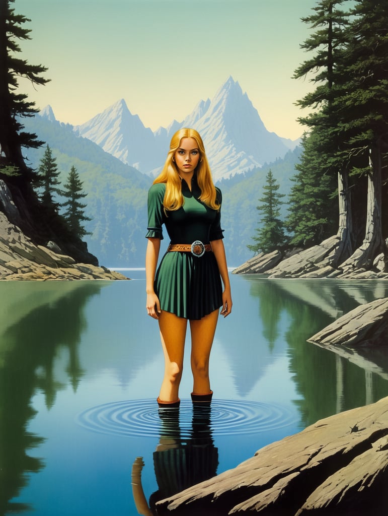 Beautiful revealed girl in lake, looking at you, minimalist, 1970's dark fantasy book cover paper art, dungeons and dragons style drawing, by larry elmore