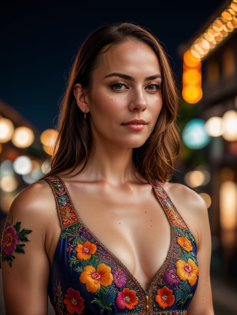 Beautiful hot bald woman with freckles, wearing a colorful, vibrant, detailed embroidered dress, medium-full shot, at night