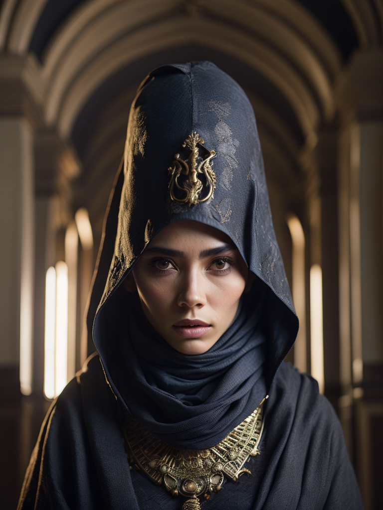 hyper-realistic, ultra-detailed photograph of indonesia white woman with arabic niqab black cloak of crow's feathers. Dark Renaissance ottoman mosque background, photo realistic, golden jewelry, dark, sunlight fractal details, depth of field, HOF, hall of fame, detailed gorgeous face, apocalyptic environment, natural body posture, professional photographer, captured with professional DSLR camera, trending on Artstation, 64k, ultra-detailed, ultra-accurate detailed, bokeh lighting, surrealism