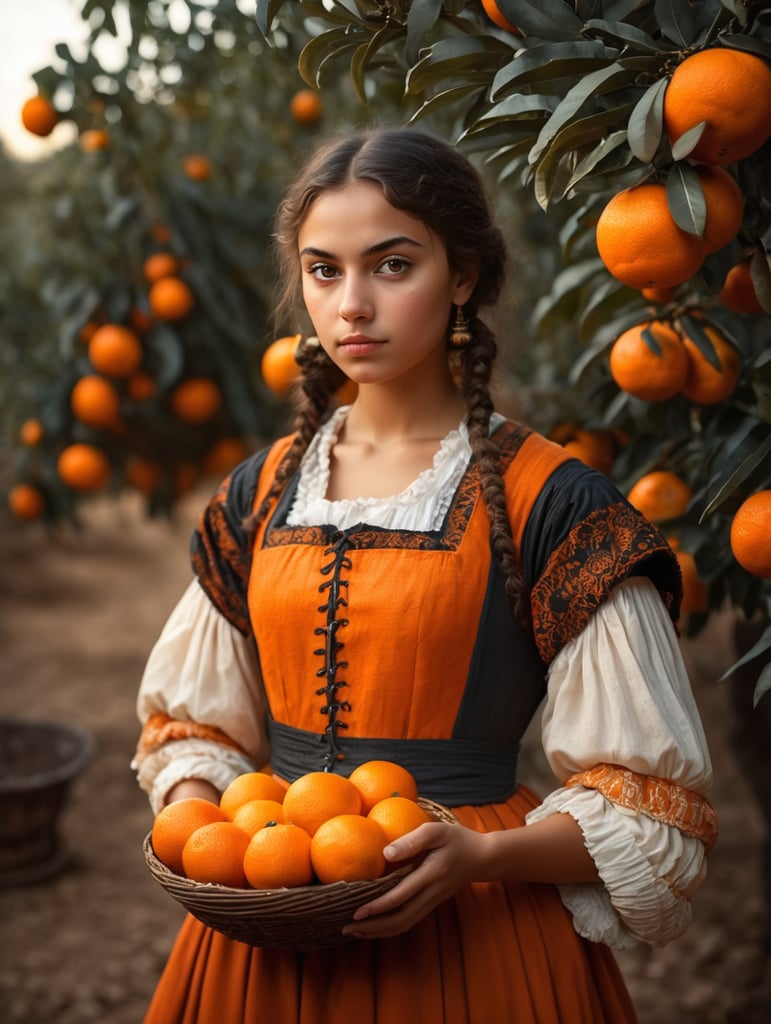 Portrait of a young, dark and beautiful Italian girl growing oranges from Sicily in 17th century Italian folk peasant clothing, dramatic lighting, depth of field, orange trees in the background. Oranges should have a beautiful, even structure. Incredibly high detail holding fresh oranges in hand