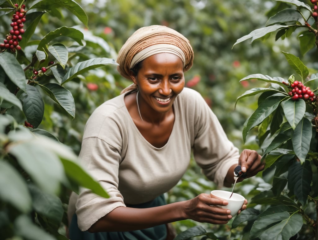 Create a typical ethiopian woman picking coffee from a coffee bush