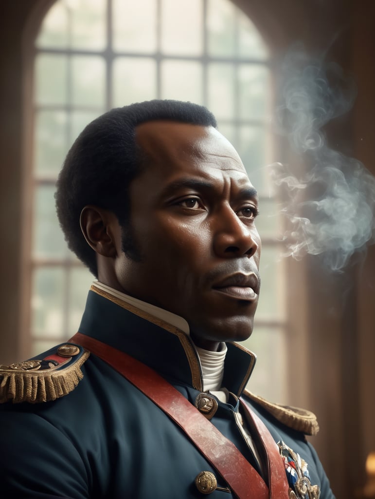 Toussaint louverture, haitian revolution general leader 1780's, facing camera, carne griffiths, wadim kashin, pascal blanche, rutkowski, repin. smoke, window, light rays, perfect anatomy, perfect face, perfect fingers, perfect composition, beautiful, detailed, intricate, octane render, 8k, soft natural light, chiaroscuro, masterpiece, award-winning, professional, anatomically correct, breathtaking, sharp focus, emitting diodes, smoke, sparks, artstation, detailed character design