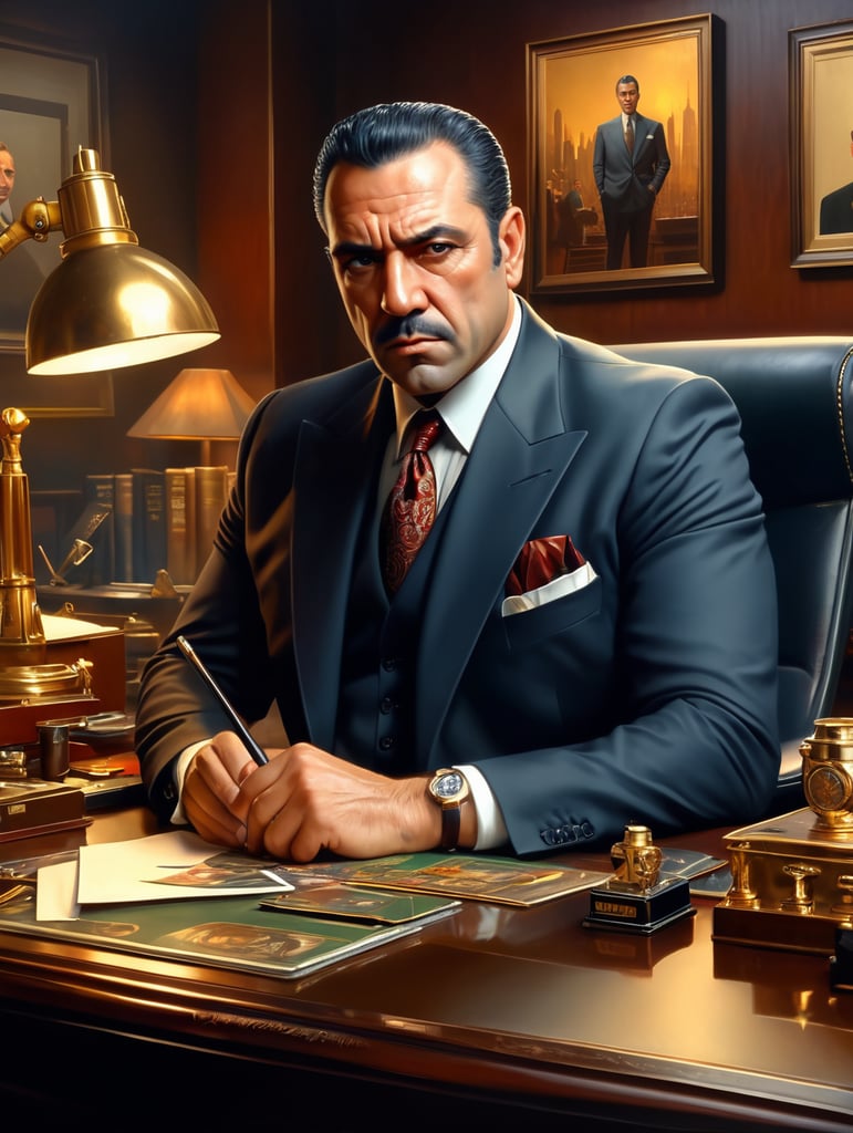 beautiful oil matte portrait painting, mafia boss at his 50s new york office desk, wonderful masterpiece highly detailed, beautiful cinematic light deep focus, elegant, digital painting, smooth, sharp focus, golden ratio, dramatic illumination, ultra realistic, 8k, art by jimmy law