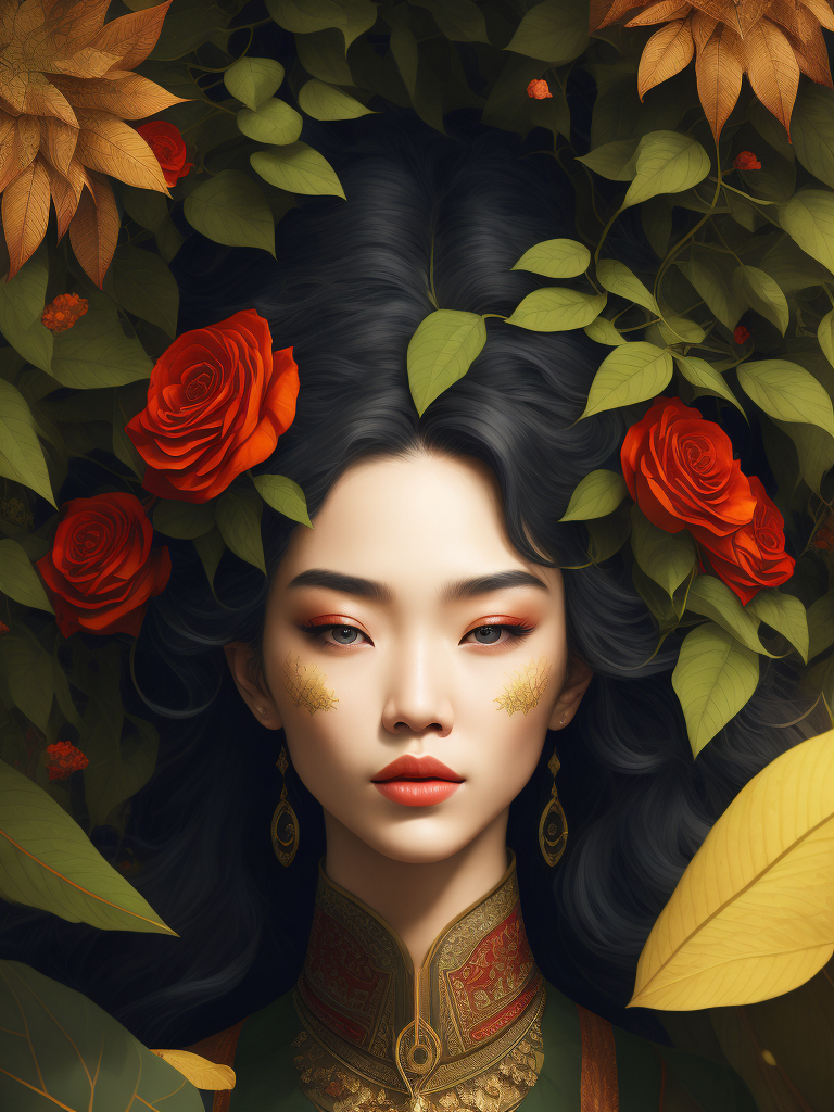 beautiful cute front portrait Korean ninfa, big long curly hair, herbs pastel colors, next to a green tree with green leabs, fliying yellow birds, flowers red by victo ngai, kilian eng, dynamic lighting, digital art, art by takato yamamoto,8K Akira Style design