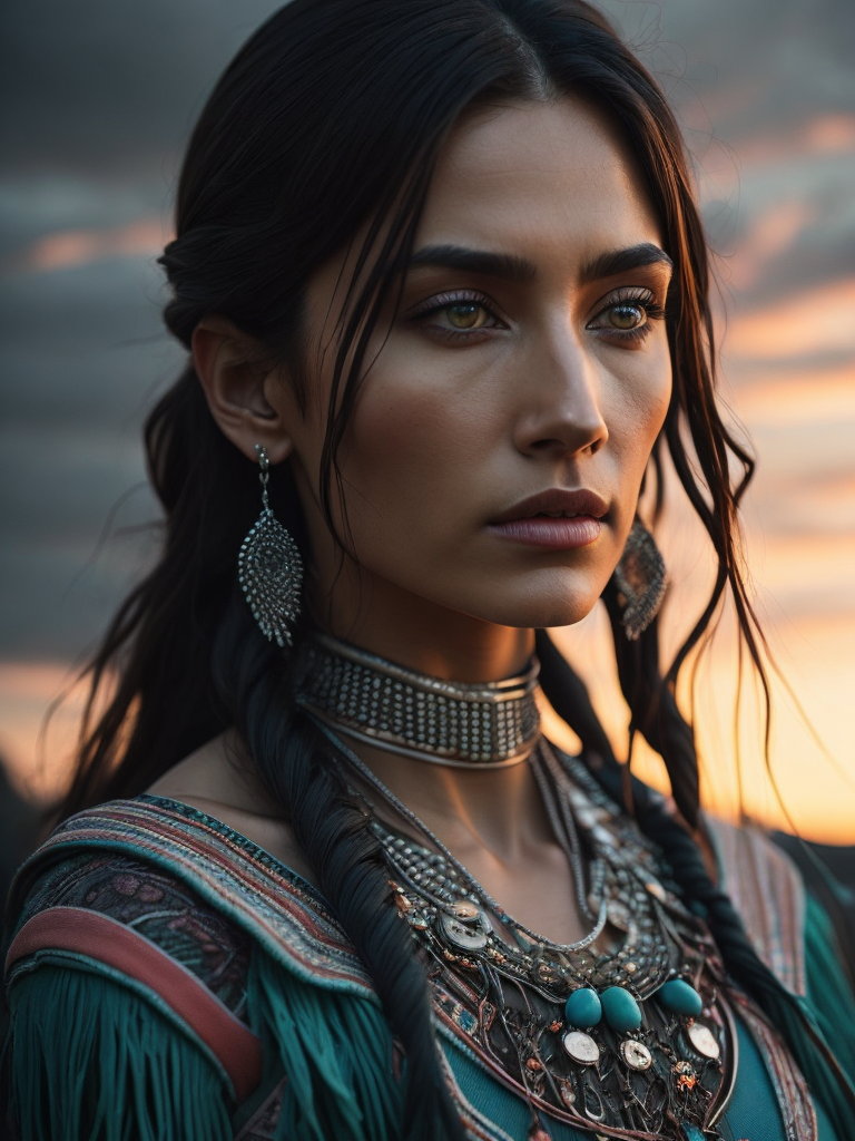 a native american princess with bright green eyes and incredibly long black hair, shown full-body with elegant clothing, turquoise necklace and earrings, feathers, shown at sunset with a gorgeous pink orange and teal sky, horses in the background, inspiring, lifelike accuracy