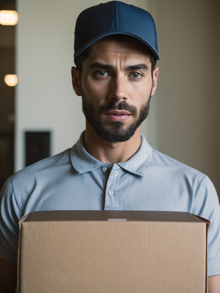 portrait of a delivery man, wearing a white cap and white t-shirt, holding a box