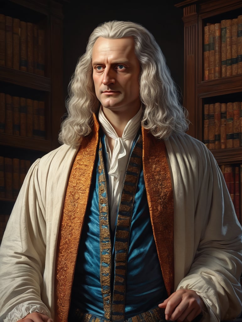 standing centered Portrait of Isaac Newton, bright and saturated colors, highly detailed, sharp focus, Bright expressive, Dramatic Lighting, Depth of field, Incredibly high detailed, on a white background