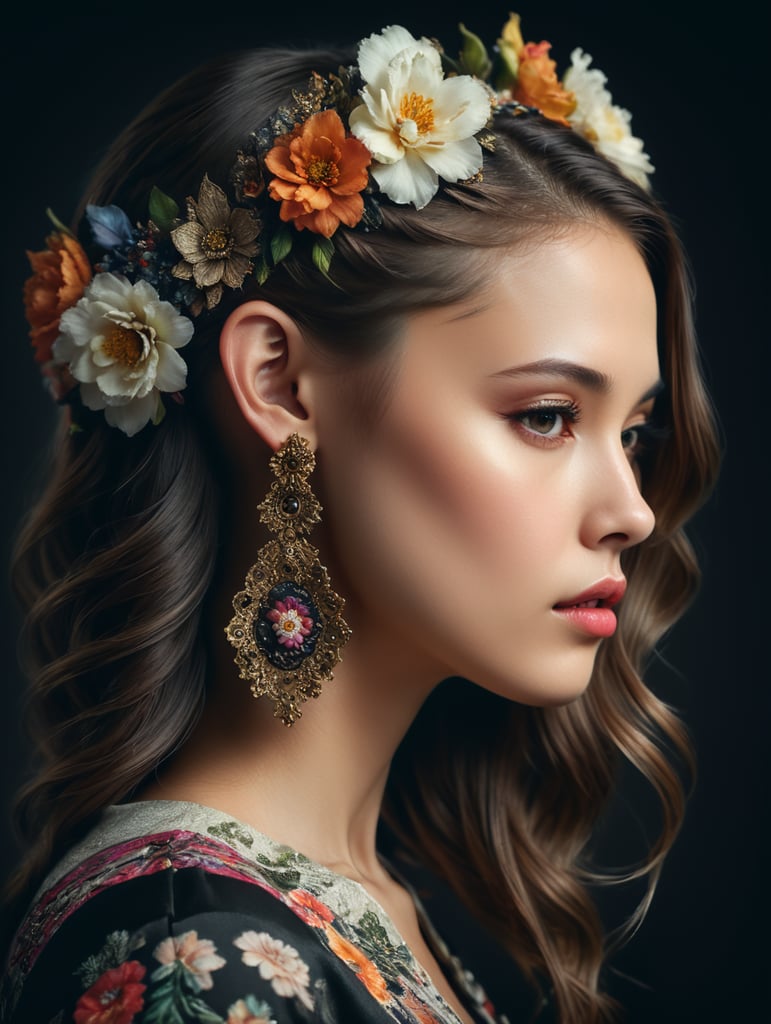 fashion editorial, floral edition,analog fashion portrait, fashion photo of a portrait of a girl in profile with an open ear