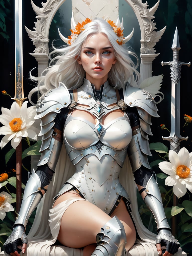 Beautiful white woman + warrior + white hair + grey eye + freckles + armor engraved with flowers + white flower background + freckles + huge claymore sword + sitting on a large white flower sculpted throne