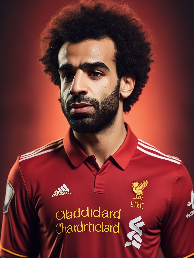 Mohamed Salah portrait in a red Liverpool football uniform, bright and saturated colors, highly detailed, fashion magazine, sharp focus, Dramatic Lighting, Depth of field, Incredibly high detailed, blurred background