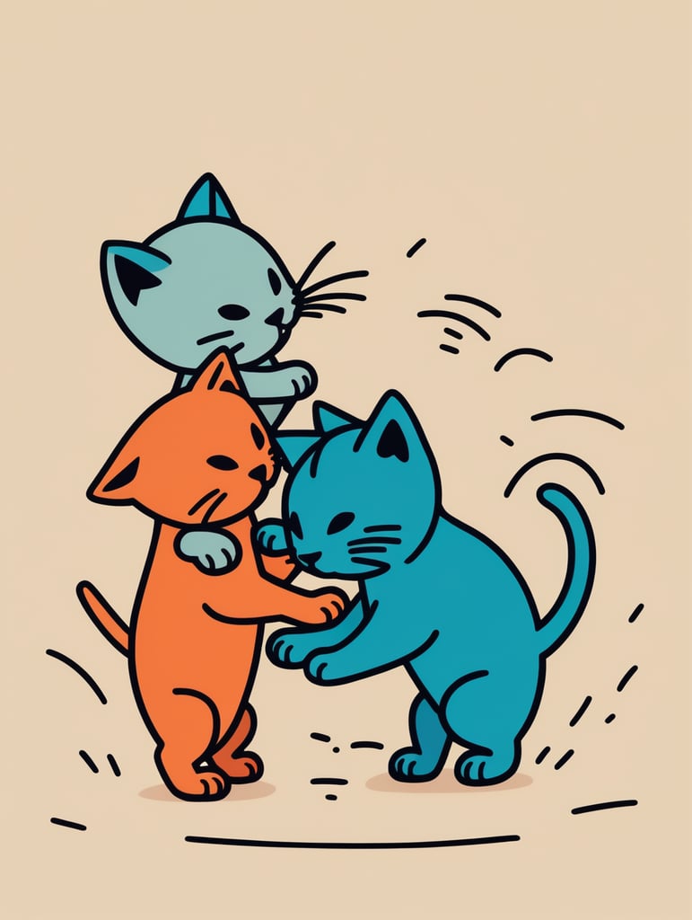 Simple figural illustration of a two kittens playing, solid color background, Keith Haring style graffiti, sharp illustrations, bold lines and solid colors, simple details, minimalism