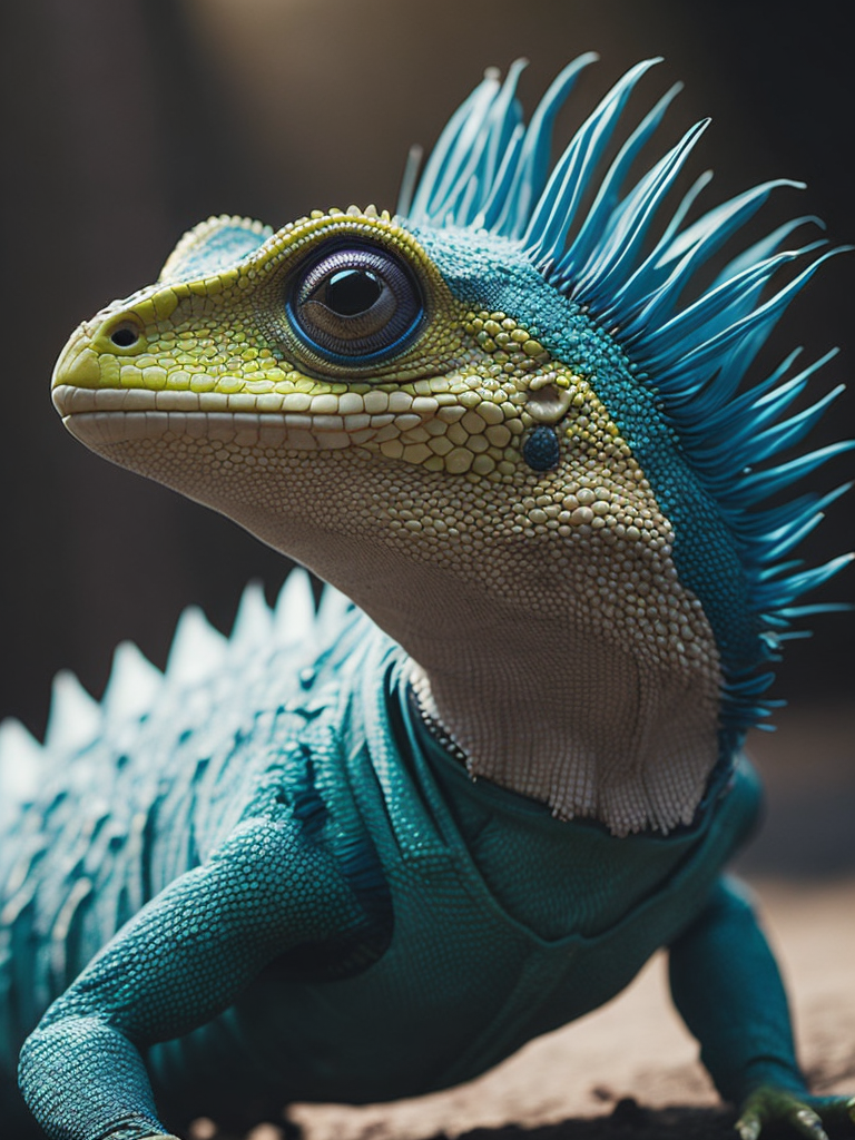 Blue feathered lizard, Vibrant colors, Depth of field, Incredibly high detail, Blurred background