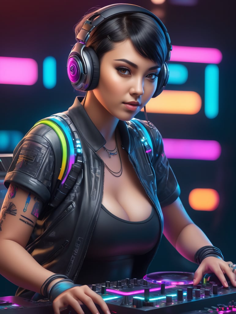 Ultra detailed illustration of Close-up of a young DJ on her console, cyberpunk,(((body curvy:1.5))) paint master, 8k resolution concept, artintricately detailed, volumetric lighting