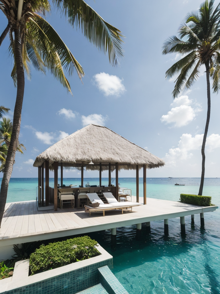 Over water villa in the maledives with the sun shining and some palms